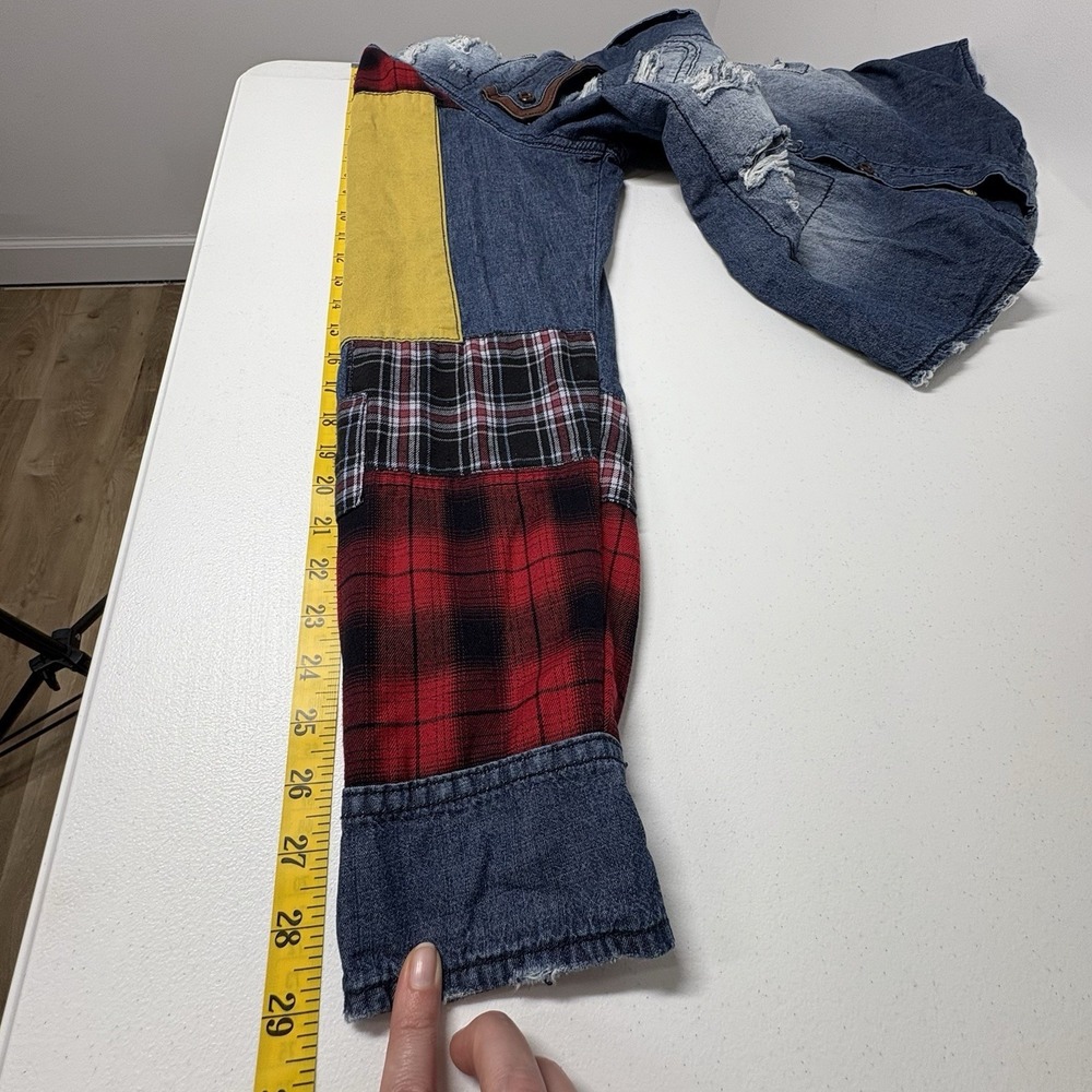 Heritage America Men 2XL Denim Jacket Grunge Flannel Patch Distressed Streetwear - Picture 15 of 15